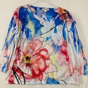 Impulse California Top XL Floral Watercolor Art to Wear 3/4 Sleeve Rhinestone